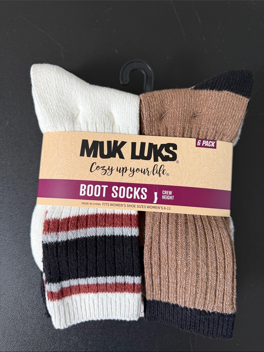 Muk Luks Women's Boot Socks 6 Pack Crew Height Brown Black White Striped 6-11